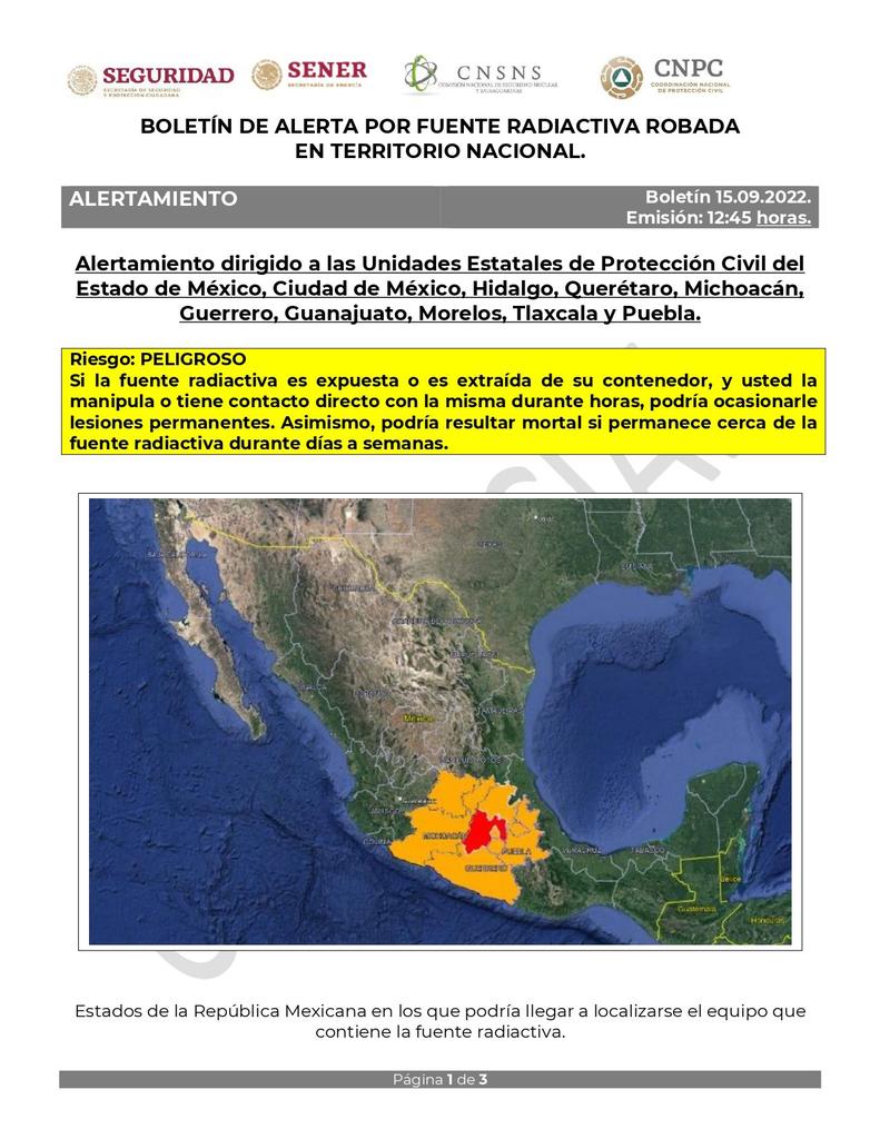 Fuente radiactiva robada podría estar en Puebla: ¡no la toques!